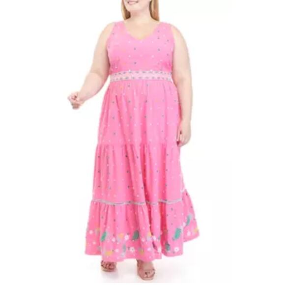 Crown &‎ Ivy Plus Pink & Multicolor Embroidered Tie Back Maxi Dress Size 18W - Picture 1 of 12